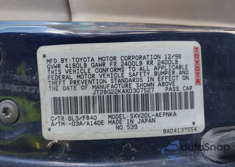 1999 Toyota Camry Le z USA, uszkodzony, nr VIN JT2BG22K4X0307527